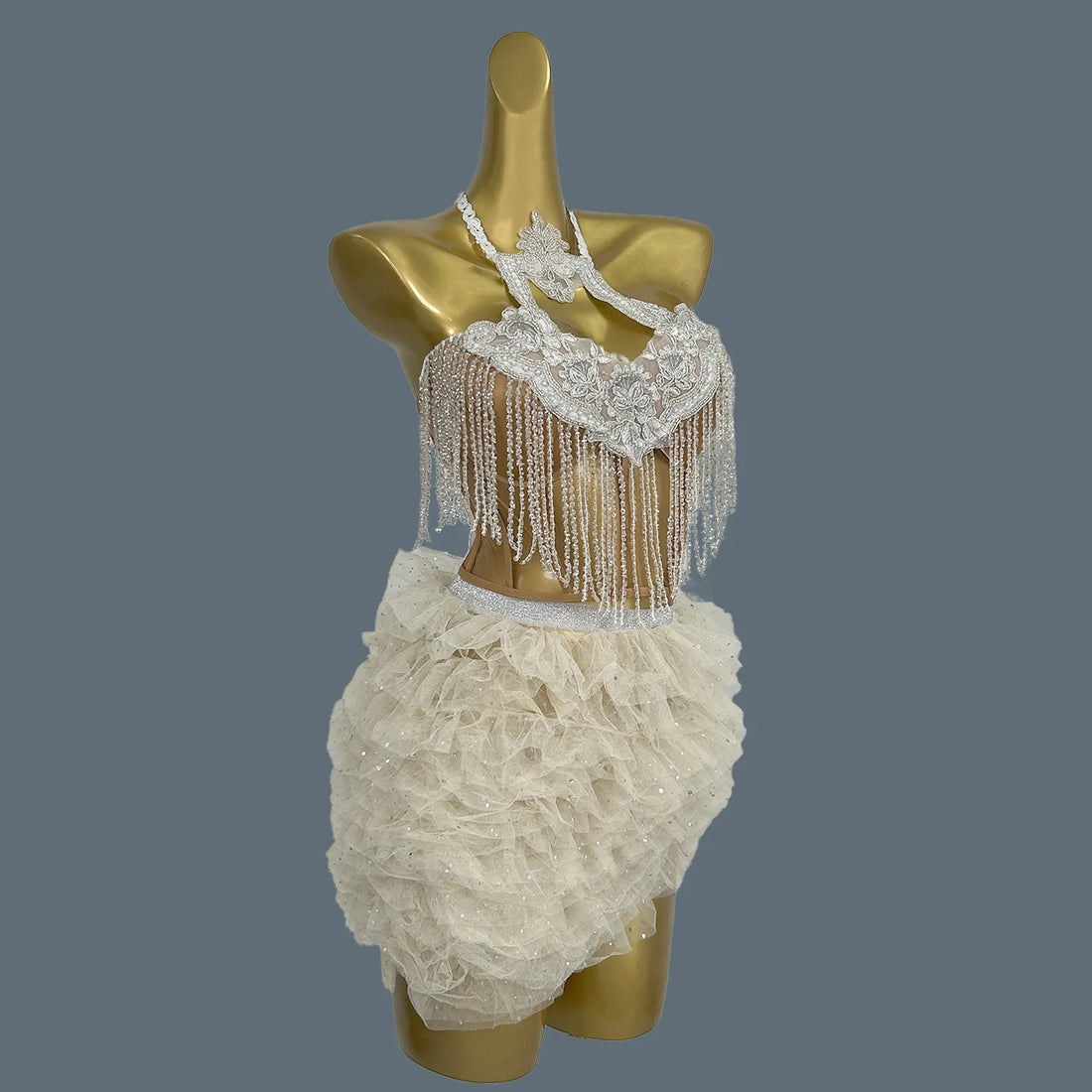 Fashion Women's 2-Pieces Stage Outfit Set Sexy Halter Asymmetric Party Celebrate Clothing Dancer Rhinestone Chain Costume Mixian