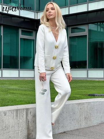 2025 Casual Women's Knitted Pants Set V-neck Long sleeved Single breasted Knitted Sweater Cardigan+Flare Pants Two piece Set