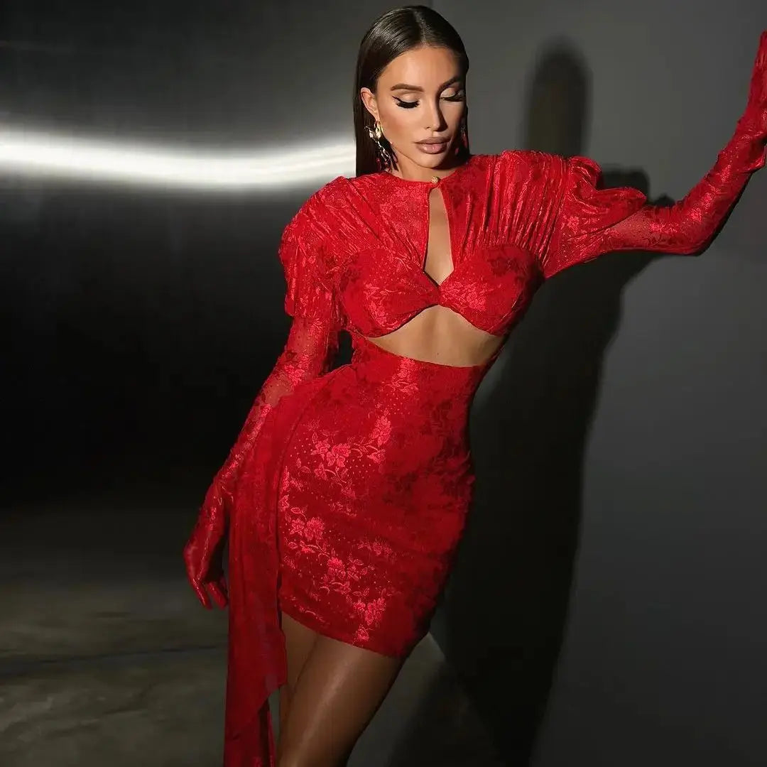 2024 New Sexy Hollow Out Long Hemline Lace Evening Dress Fashion Woman Birthday Party Vestido Celebrity Evening Party Outfit