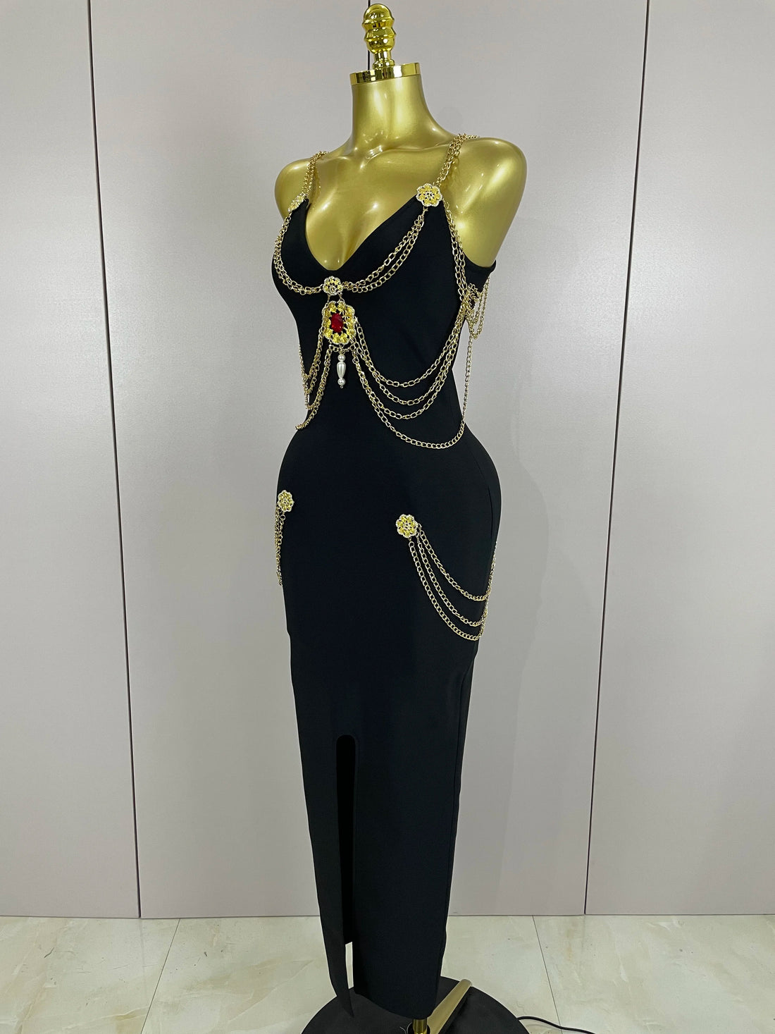 2025New New Black Chain Spaghetti Strap V-Neck Split Bandage Dress Bodycon Celebrity Club Party Long Dress Vestidos