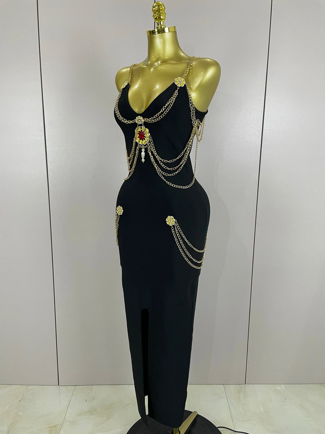 New New Black Chain Spaghetti Strap V-Neck Split Bandage Dress Bodycon Celebrity Club Party Long Dress Vestidos