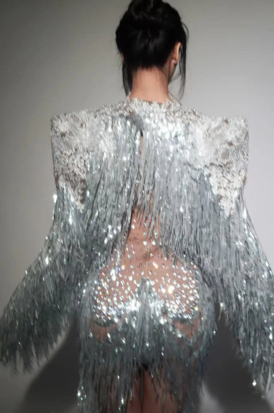 Sparkly Rhinestone Sequin Tassel Coat And Skirt 2Pcs Women Birthday Party Nightclub Dj Stage Performance Costume