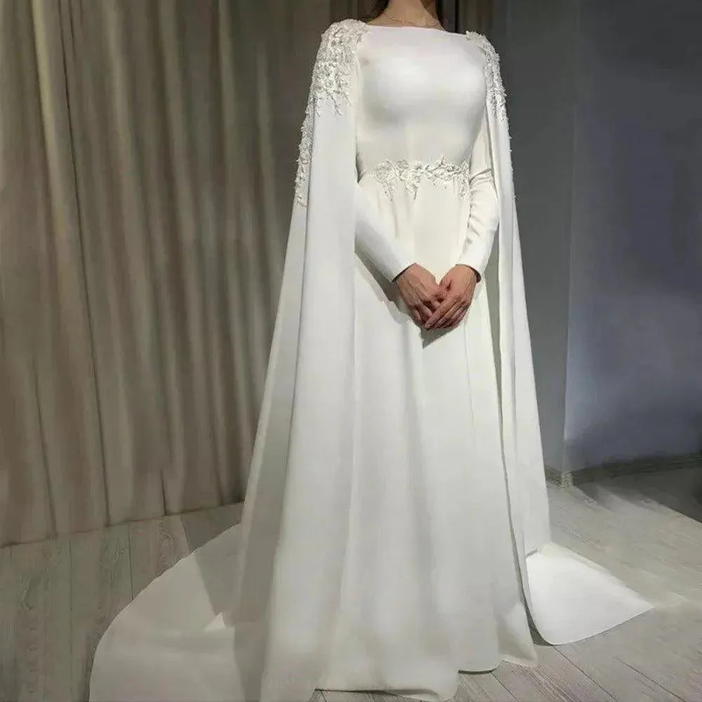 Muslim Wedding Dresses for Bride With Lace Cape A Line Long Sleeves Appliques Moroccan Caftan Bridal Gowns Robe De Mariée White 2