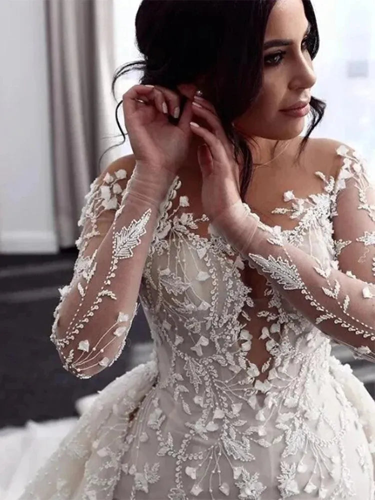 Luxury Illusion Long Sleeves V-neck Mermaid Wedding Dresses Appliques Detachable Train Boho Bridal Gown Vestidos De Novia Boho Mermaid