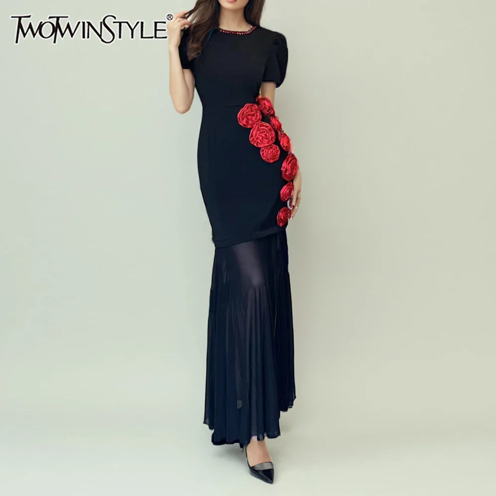 Hit Color Slimming Spliced 3D Flower Elegant Dresses for Women Round Neck Short Sleeves Dress Femlae Clothing New