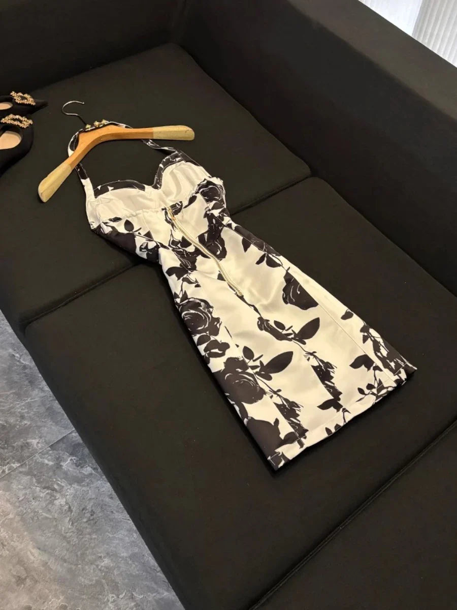 Hit Color Slimming Spliced Printing Dresses for Women Halter Neck Sleeveless Temperament Dress Female Fashion New