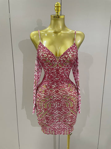 New Sexy Sparkly Rhinestones Mesh Mini Dress With GlovesWomen Evening Birthday Party Celebrate Costume Dancer Stage Wear