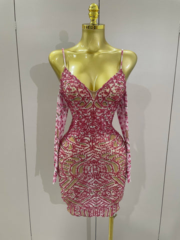 2025 New Sexy Sparkly Rhinestones Mesh Mini Dress With GlovesWomen Evening Birthday Party Celebrate Costume Dancer Stage Wear