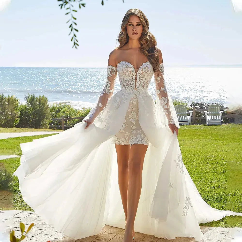 Popular Sweetheart Full Lace Short Shearth Wedding Dresses With Detachablt Train 2 In 1 Bridal Grown Rode De Morrie Short Wedding Dress