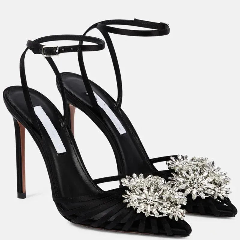 Retro Rhinestone Flower Stiletto High Heels Pointed Toe Hollow Buckle Strap Sandals Fashion Shoes Ladies Summer Elegant 46 Gold