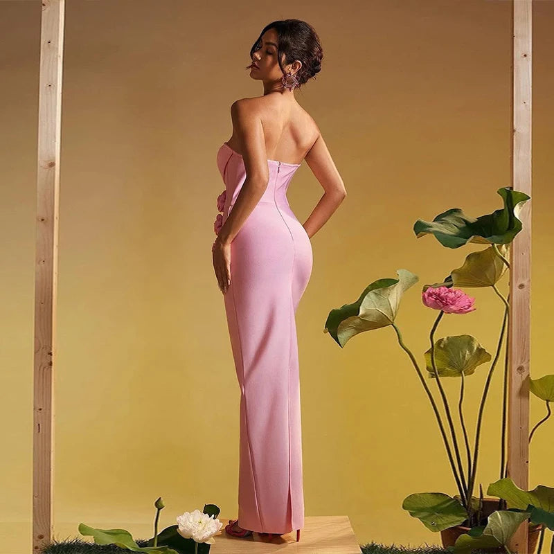 Pink Red Women Sexy Strapless Florlas Bodycon Bandage Long Dress Celebrate Nightclub Party Birthday Fashion Dress Outfit