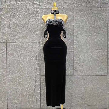 Women Sexy Off the Shoulder Shinning Crystal Bodycon Long Dress Velvet Celebrate Nightclub Party Birthday Dress