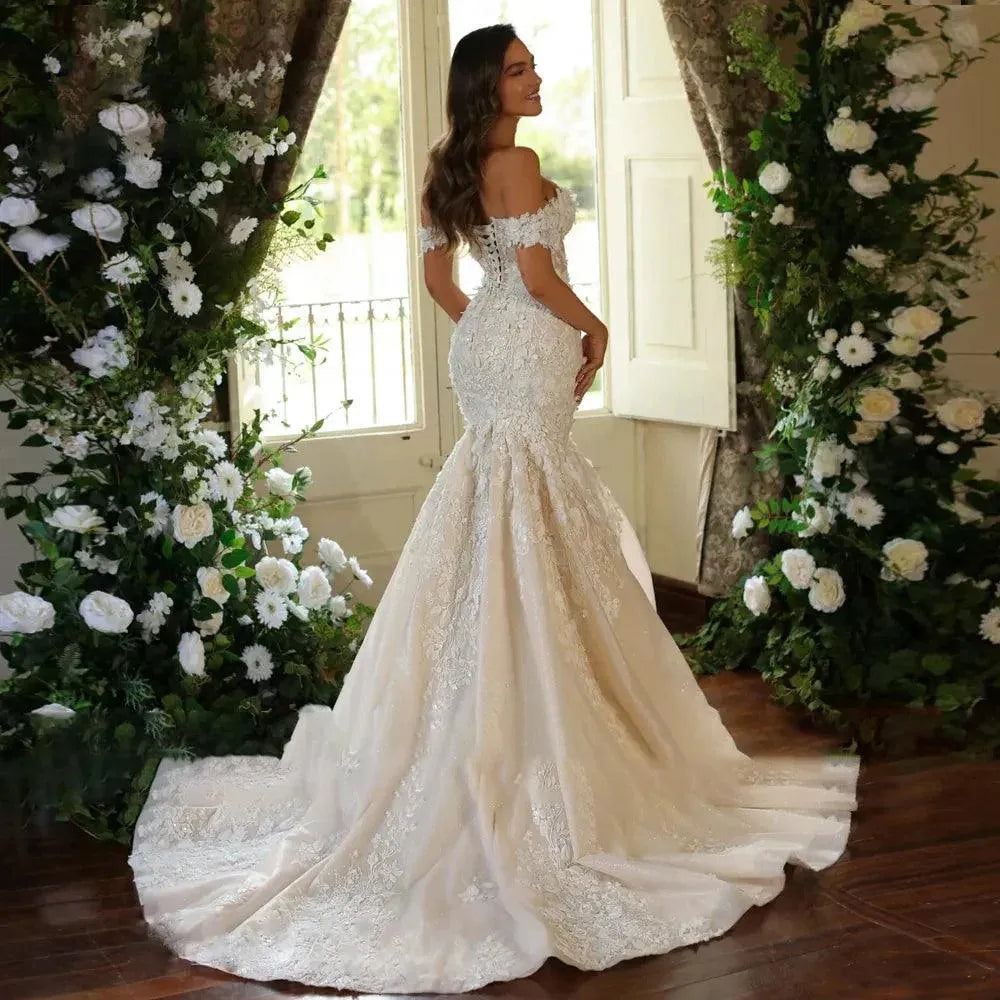 Haohao Mermaid Sexy Wedding Dresses Sweetheart Off The Shoulder Vestido De Novias Embroidery Appliques Sheath Bride Dress Mermaid