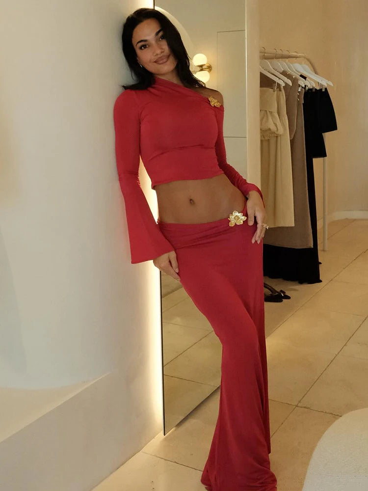VC Chic One-Shoulder Crop Top and Maxi Skirt Ensemble with Floral Accents for a Special Occasion Evening Gown
