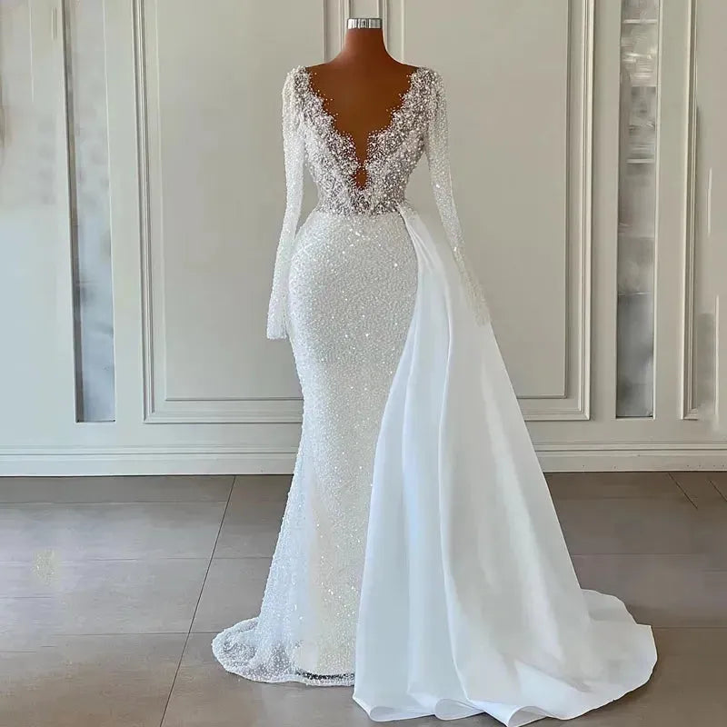 Eightre White Mermaid Wedding Dresses Boho Sequines Glitter Bride Dress V-Neck Long Sleeve Wedding Evening Prom Gowns Plus Size Custom Color