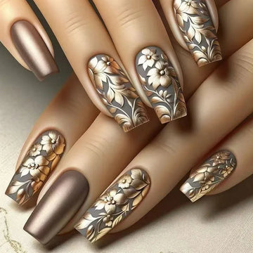 Winter 3D Flower Ballerina Press On Nails Set Long Glossy Coffee Brown False Nails With Golden Floral Accents Fake Nails Set