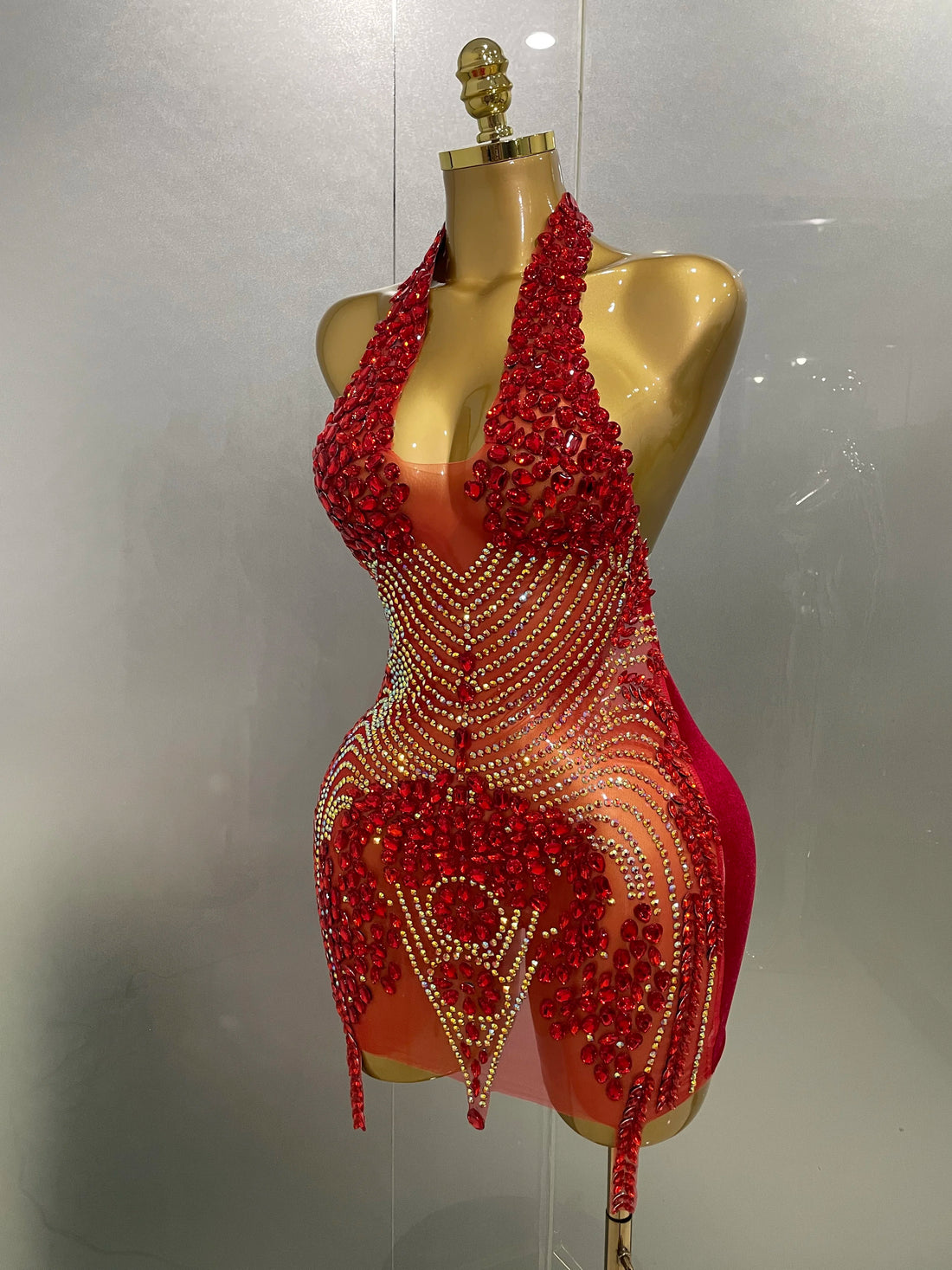 Sexy Red Sparkly Rhinestones Halter Backless Velour Short Dress 2025 New Women Evening Prom Celebrate Birthday Party Stage Wear