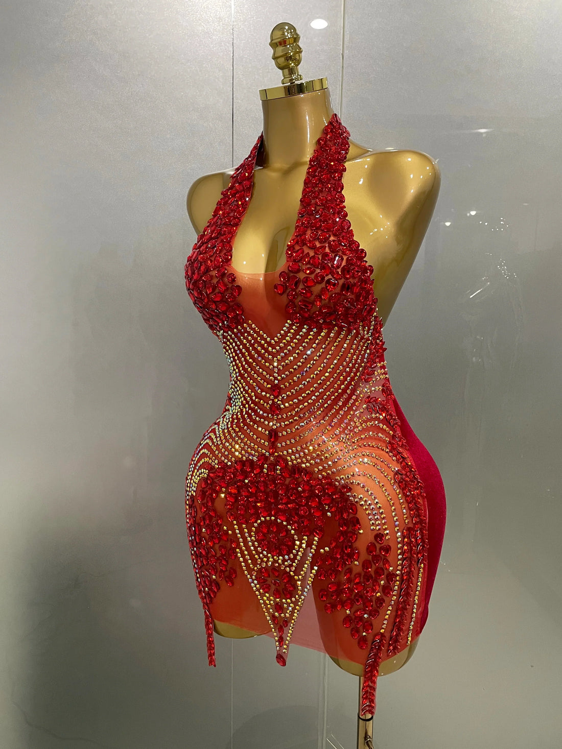 Sexy Red Sparkly Rhinestones Halter Backless Velour Short Dress  New Women Evening Prom Celebrate Birthday Party Stage Wear