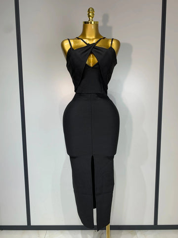 Women Sexy Sleeveless Hollow out Split Backless Black Midi Bandage Dress  Celebrity Elegant Evening Cocktail Party Dresses