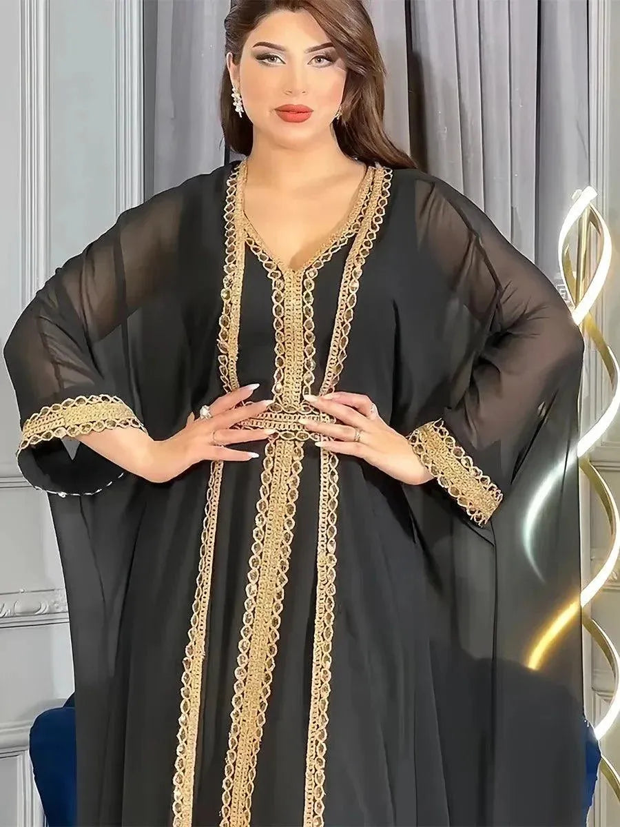 Muslim Fashion Two Piece Sequined Solid Summer V-Neck Abaya And Vest Long Dress Overgarments Islamic Women Moroccan Clothing Grass Green Dress