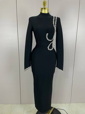 Sexy Long Sleeve Diamonds Maxi Long Bodycon Bandage Dress 2025 Women Celebrity Elegant Evening Party Luxury Birthday Dresses