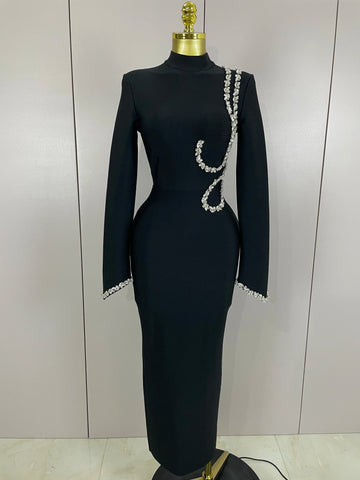 Sexy Long Sleeve Diamonds Maxi Long Bodycon Bandage Dress  Women Celebrity Elegant Evening Party Luxury Birthday Dresses