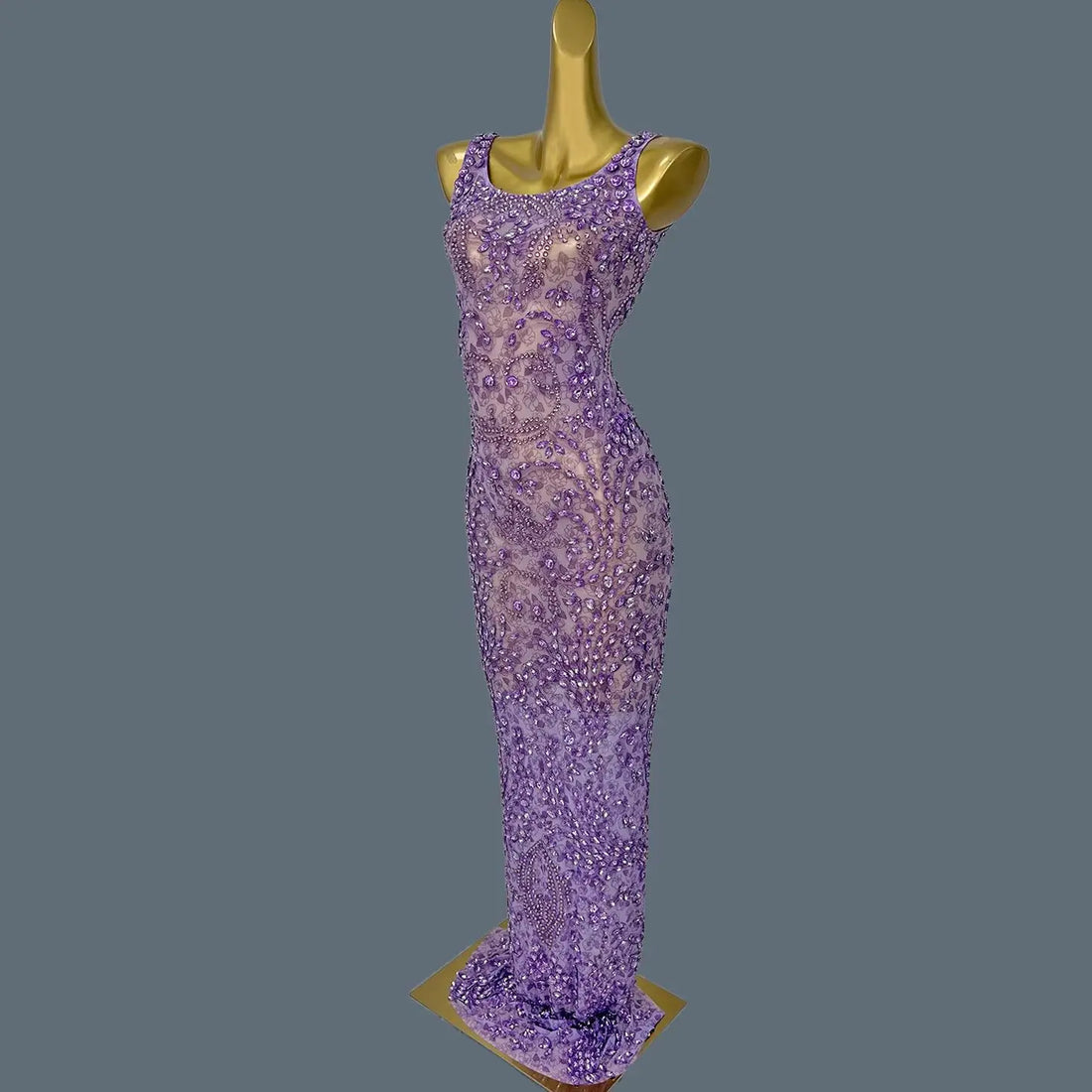 Women Sparkly Rhinestone Purple Couture Birthday Party Sexy Ball Long Dress Elegant See Through Mesh High-end Event Dress Zixia