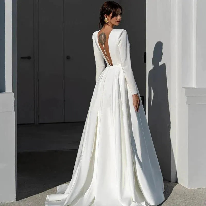Elegant Simple Wedding Dresses For Women V-Neck Backless Sexy Bridal Gowns Satin Long Sleeve Robe A-Line Vestidos De Novia 14W