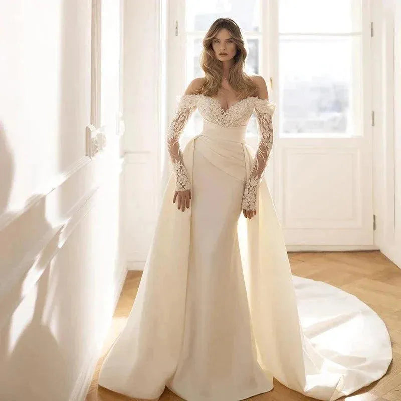 Luxury Mermaid Wedding Dresses Illusion Long Sleeve Lace Appliques Bride Gowns Sweetheart Formal Beach Party Vestidos De Novia Beige 14W Mermaid