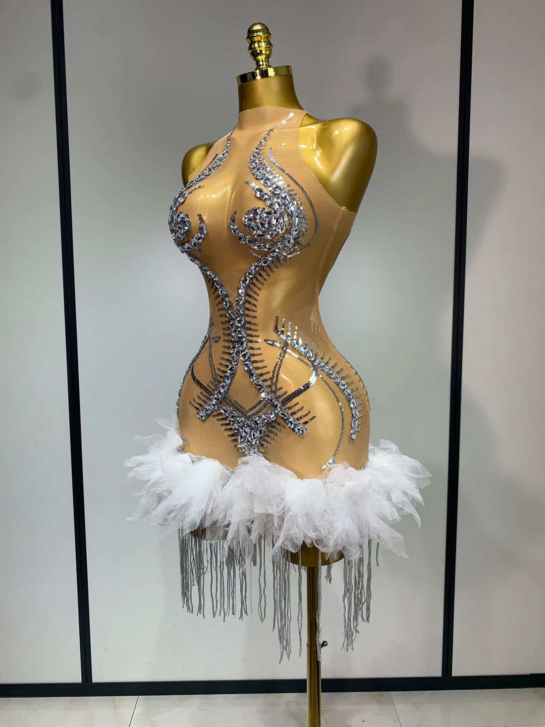 Luxury Party Cocktail Short Dress Women Mesh Sexy See Through Rhinestones Tassel Dress Nightclub Perform Singer Stage Costume