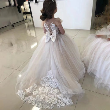Wedding Party Dresses Flower Girl Dress Ball Gown Kids Pageant Big Bow Long Sleeves Champagne Child Bride Dresses Vestidos Novia