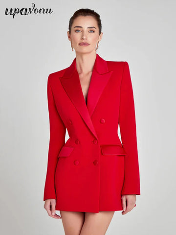 Modphy Women Fashion Double Breasted Red Blazer Coat Notched Neck Long Sleeves Female Outerwear Chic Lady Outfits
