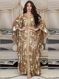 Fashion Muslim Chiffon Gold Stamping Abaya Dress for Women Lace Tape Trim V Neck Ruffle Sleeve Moroccan Jalabiya Eid
