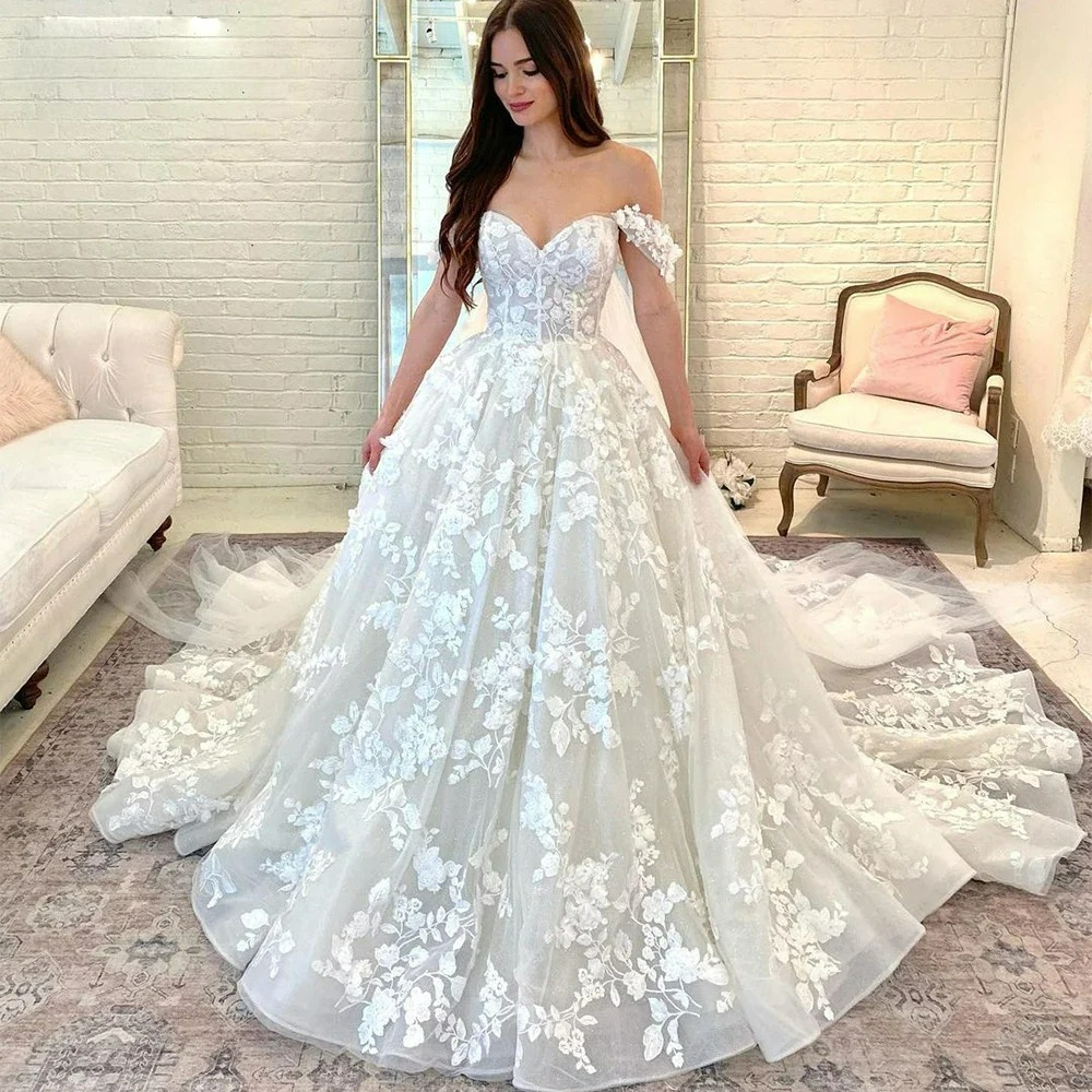 Princess Boho Wedding Dresses for Women Off the Shoulder Sweetheart Lace Appliques Bridal Gown Ball Gown