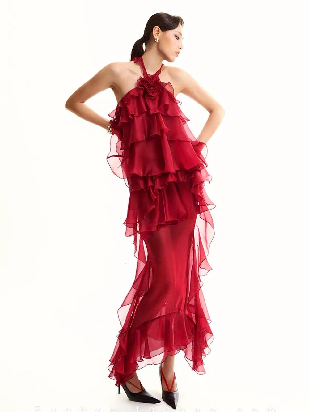 Women Gauze Perspective Irregular Elegant Long Party Dress New Ruffles Sleeveless Fashion Tide Summer 2025