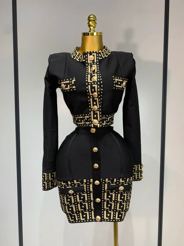 Women Black Long Sleeves Two Pieces Bandage Set Bottons Top Bodycon Mini Skirt Suit Evening Party Luxury Birthday Women's Outfit