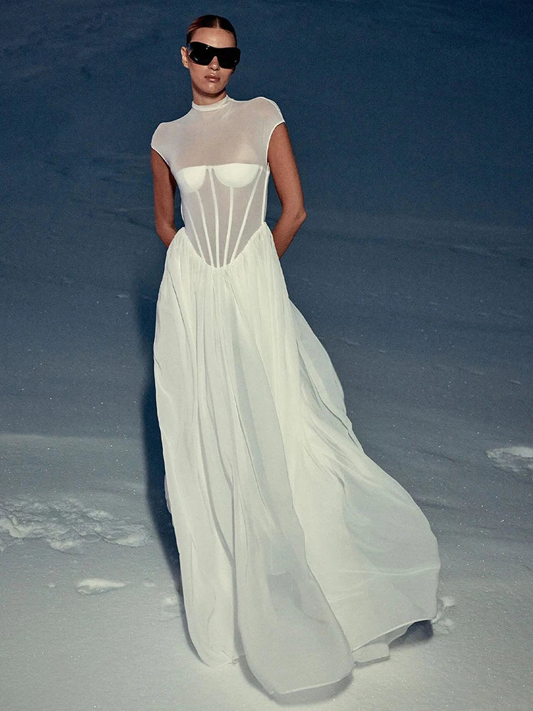 VC Romantic Ethereal High-Neck Bridal-Inspired Sheer White Maxi Dress for Wedding Party Evening Gown