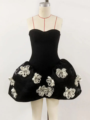 2024 Sexy Women's 3D Flower Decorative Puff Dress Strapless Sleeveless Backless A-line Mini Dress Cocktail Evening Party Vestido
