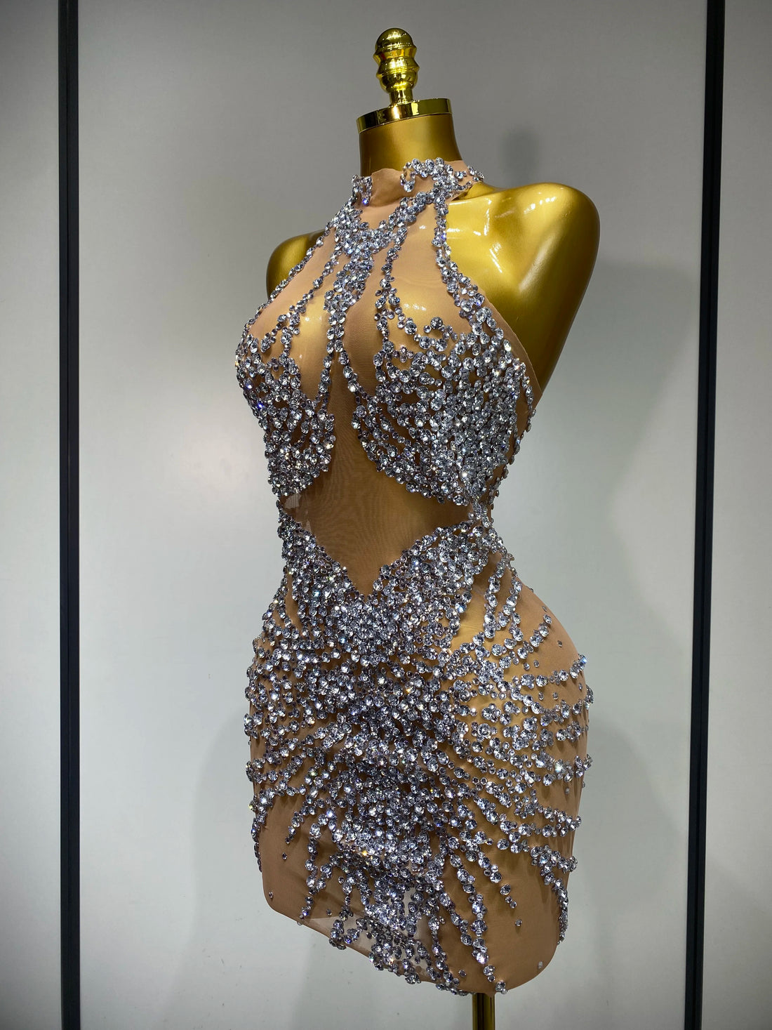 Luxury Rhinestones Mesh Transparent Prom Mini Dress Shinny Women Birthday Celebrate Party Prom Nightclub Outfit Stage Costume