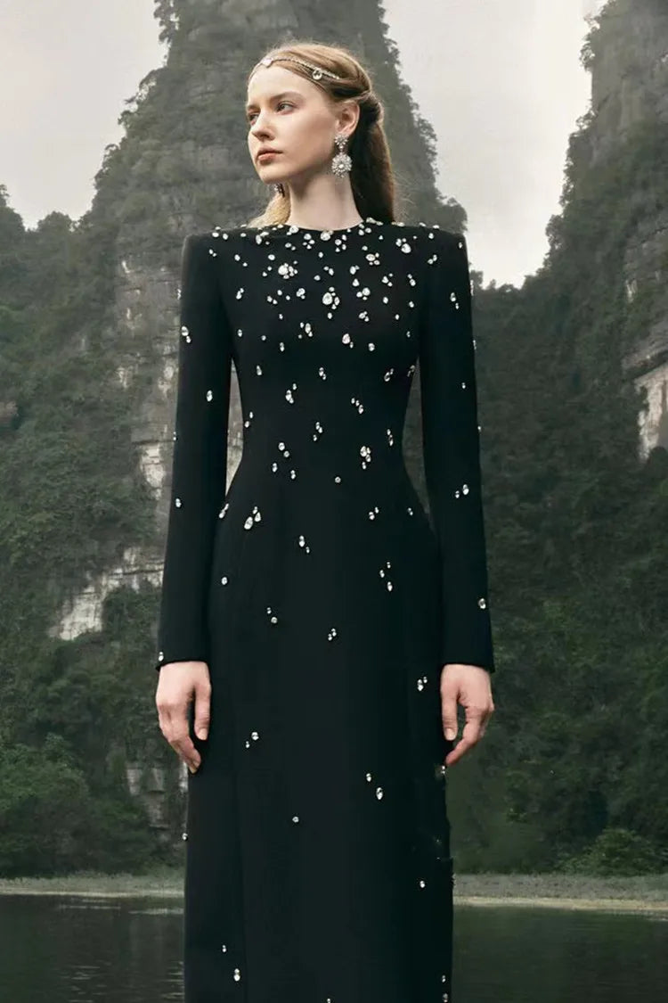 Top Quality Women Long Sleeve Shinning Crystal Bodycon Long Bandage Dress Elegant Evening Party Occation Celebrate Outfit