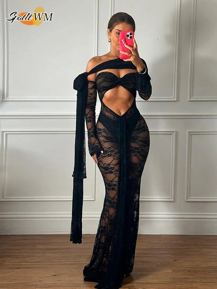 Sexy Lace See Through Black Long Dress Women Cut Out With Scarf Slim Fit Full Sleeve Maxi Dresses New Summer Evening Club Robes