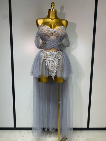 Sexy Backless Mesh Top Skirt Two Pieces Set Celebrate Festival Performance Costume Luxury Birthday Evening Party Design Dress