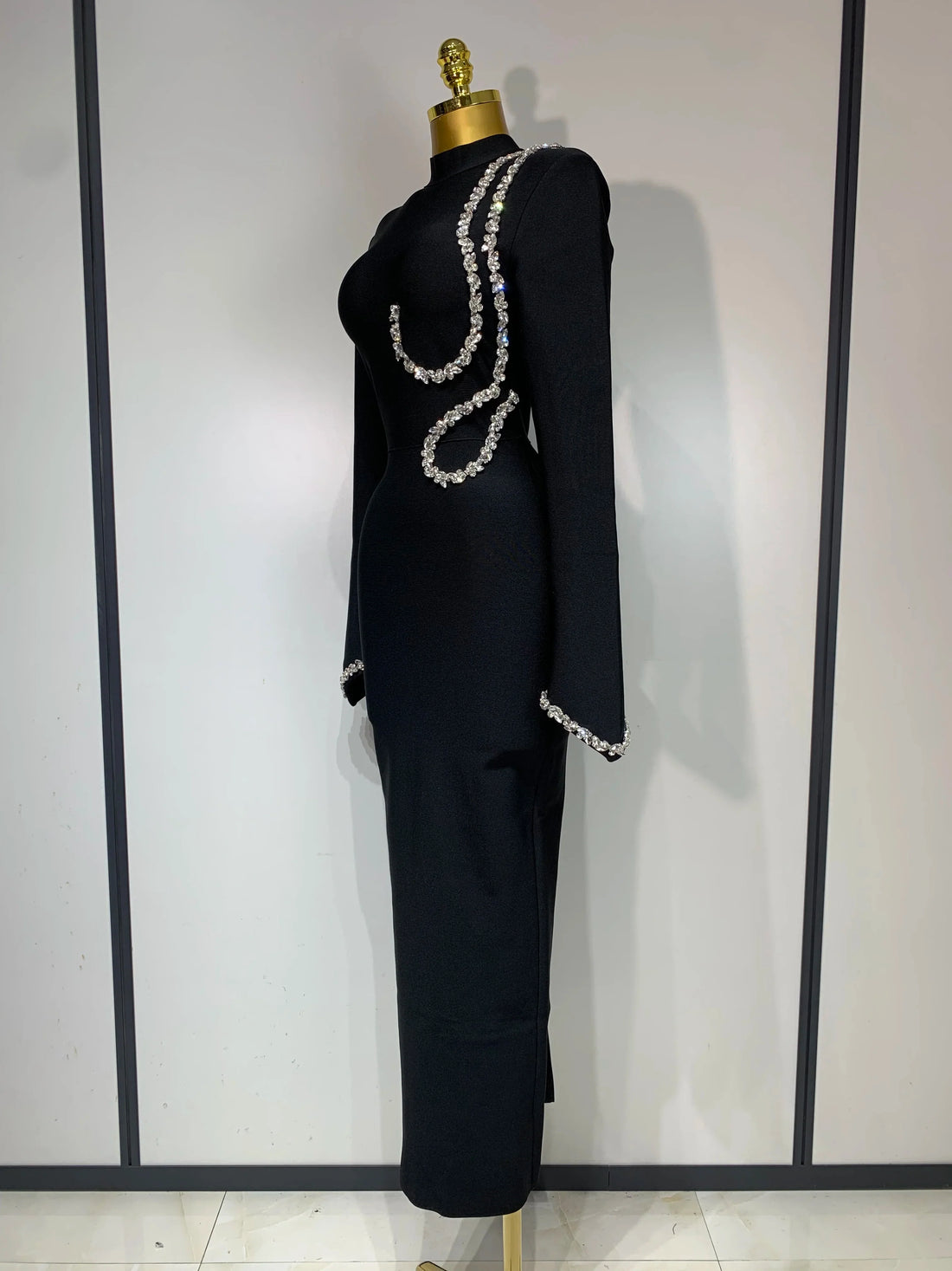 Women Sexy Long Sleeve Diamonds Maxi Long Bodycon Bandage Dress  Celebrity Elegant Evening Party Luxury Birthday Dresses