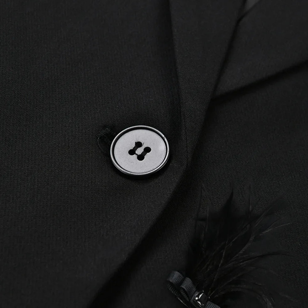 Solid Slimming Spliced Bead Feather Blazers for Women Lapel Long Sleeves Patchwork Button Blazer Female Fashion New