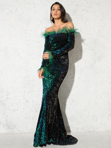 Shiny Sequined Velvet Party Gown Off Shoulder Feather Slash Neck Long Sleeve Stretchy Floor Length Mermaid Maxi Dress