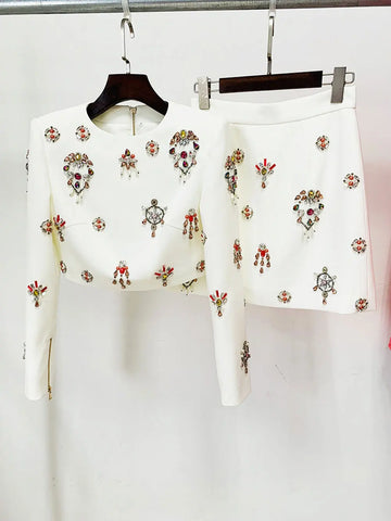 2024 New Elegant Women's Light Luxury Nail Bead Short Skirt Set O-neck Long Sleeve Ultra Short Top+Mini Skirt Two piece Set