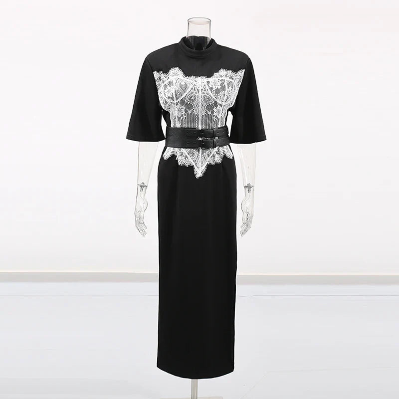 Hit Color Slimming Spliced Lace Dresses for Women Round Neck Half Sleeve Split Temperament Dress Female Fashion New