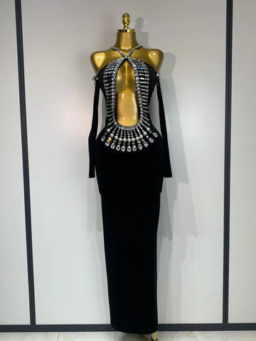 Luxury Birthday Dress Sexy Black Velvet Hollow Out Bodycon Dress Halter Evening Dress Drag Queen Nightclub Wedding Dress