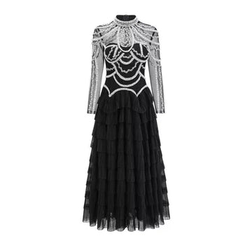 Shining Diamonds Pearl Beading Sexy See Through Mesh Ball Gown Dress Woman Birthday Party Vestido Celebrity Party Outfit