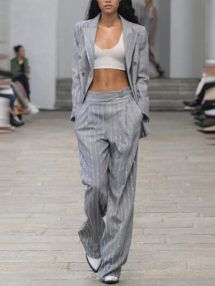 Solid Two Piece Set for Women Notched Neck Long Sleeves Patchwork Stripe Blazers High Waist Pant Sets Female New